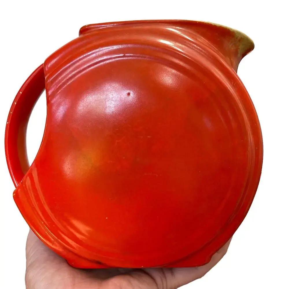 Vintage Disc Pitcher Orange Red Art Deco Poppy Crazing Unmarked 1930s USA READ